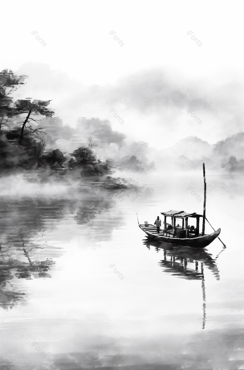 竖版中国风水墨意境山水画行驶的客船和船上的人,插画/手绘图,插画/手绘图库,插画/手绘图下载,插画/手绘